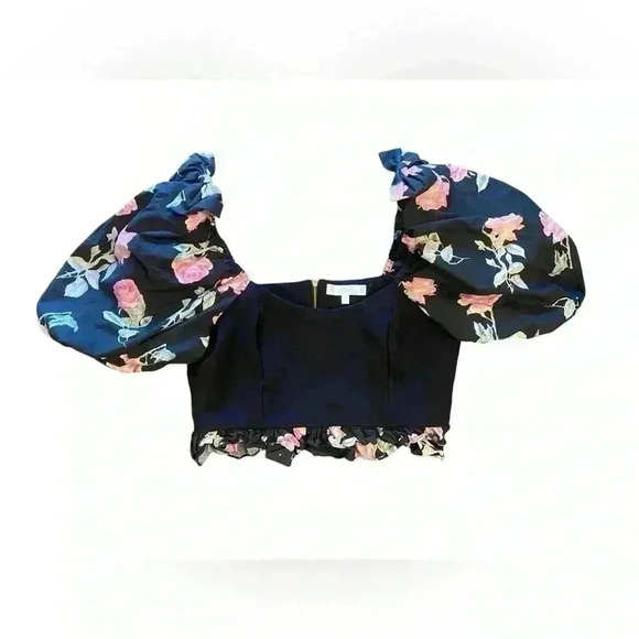 LoveShackFancy Floral Puff Sleeve Spirit Crop Top Black Size Large - Picture 3 of 10